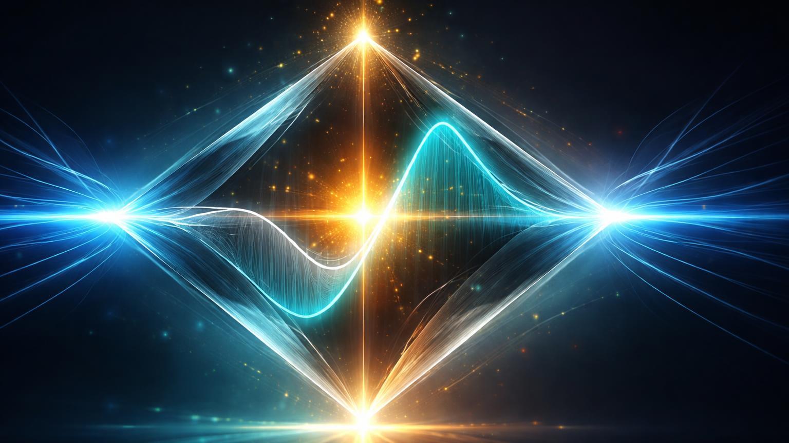 Estrutura glassmorphism comprimida com ondas luminosas divergindo bullish em núcleo dourado, simbolizando setup MACD de alta do Bitcoin em US$ 67.600