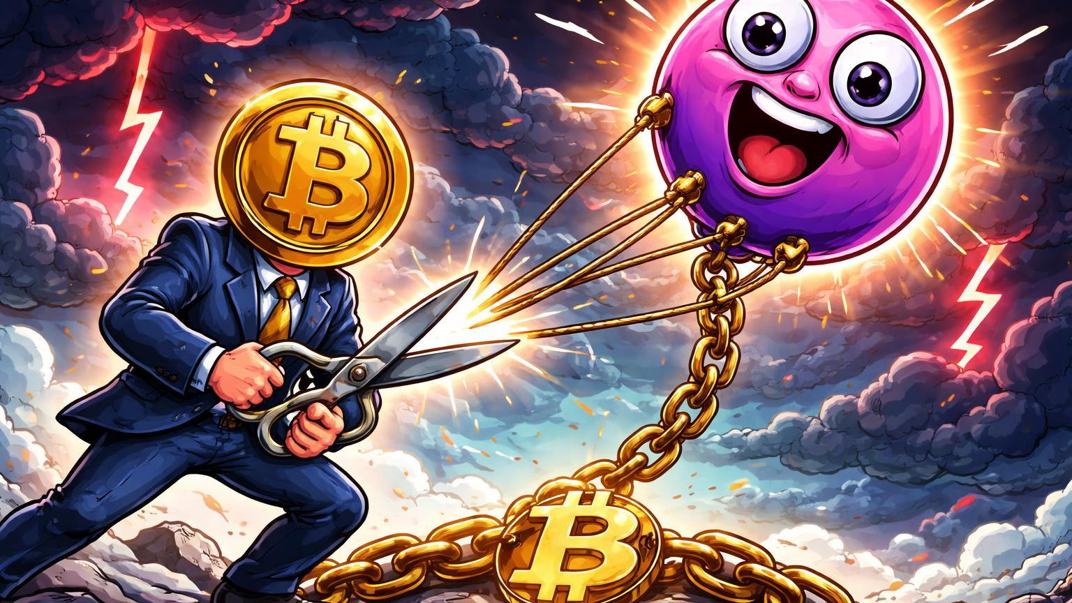 Trader cartoon cortando cordas de alavancagem de balão meme coin ancorado por corrente BTC, em meio a nuvens de risco