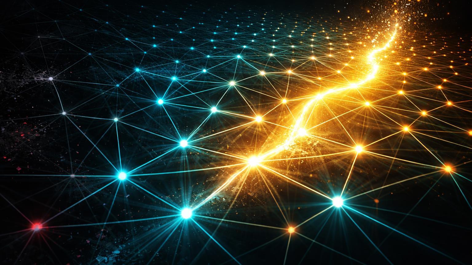 Rede cristalina de hashrate Bitcoin com seção escura se regenerando em dourado, simbolizando virada após queda segundo VanEck