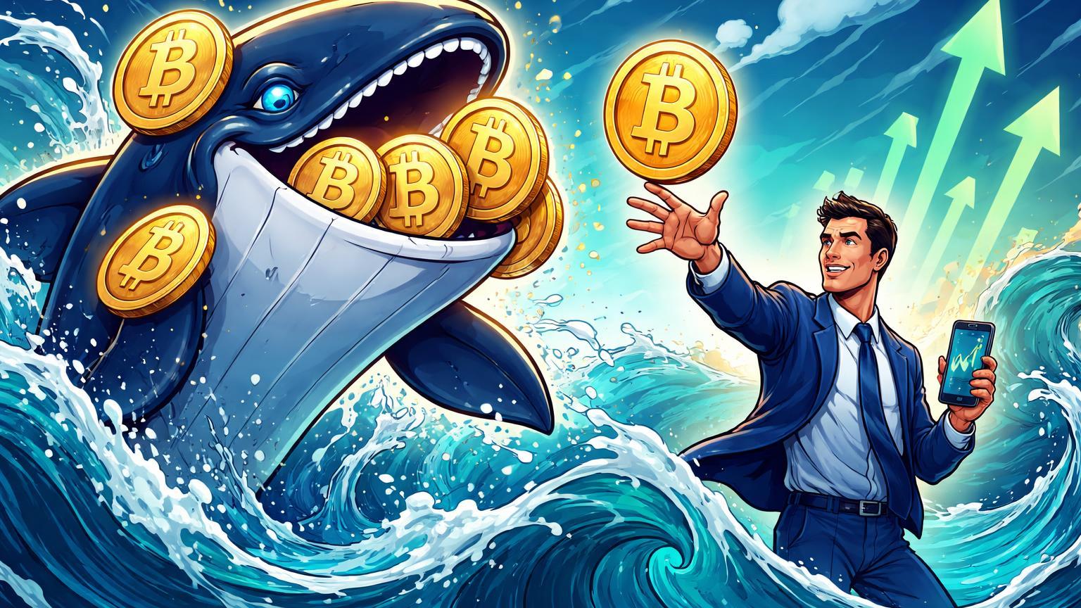 Baleia cartoon emergindo com moedas BTC e investidor comprando no dip em oceano volátil, simbolizando acumulação por whales e Kiyosaki