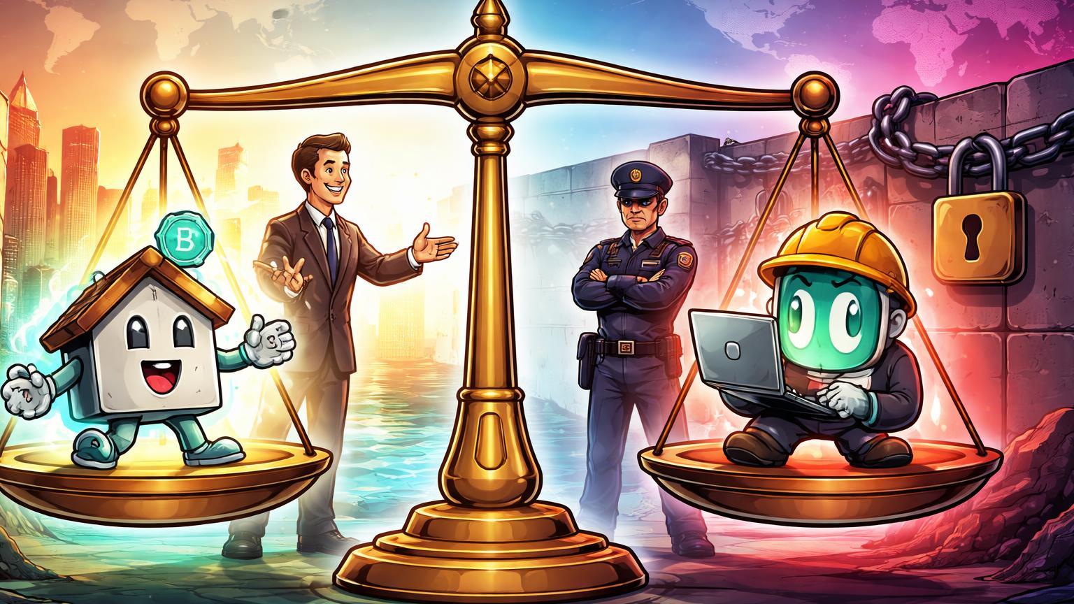 Balança regulatória cartoon com Hong Kong acolhendo RWA em porto seguro e Europa bloqueando KuCoin, mapeando novo cenário global de cripto