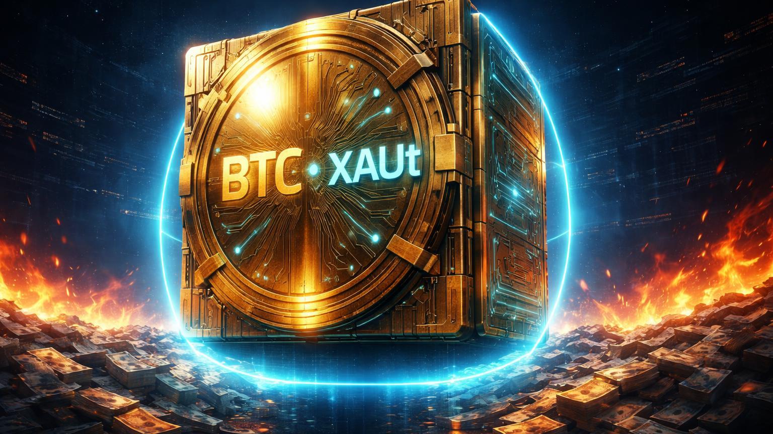 Cofre futurista de ouro e circuitos Bitcoin com BTC e XAUt gravados, intacto enquanto moeda fiat inflacionária queima ao redor, simbolizando refúgio cripto