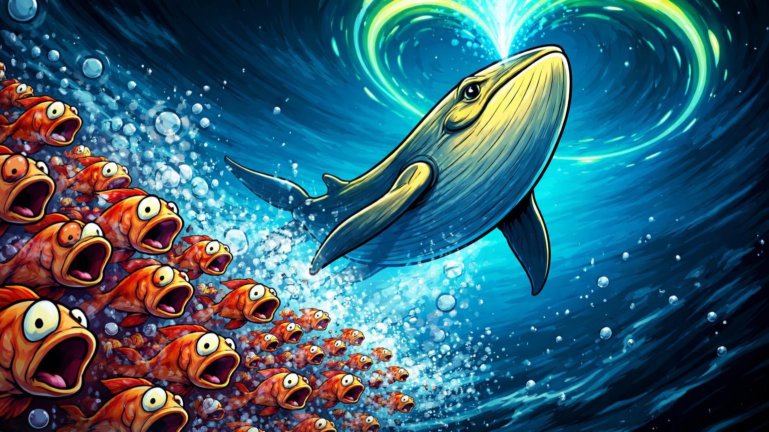 Cardume de peixes cartoon em pânico fugindo enquanto baleia dourada emerge serenamente, simbolizando pânico retail atraindo baleias no Bitcoin
