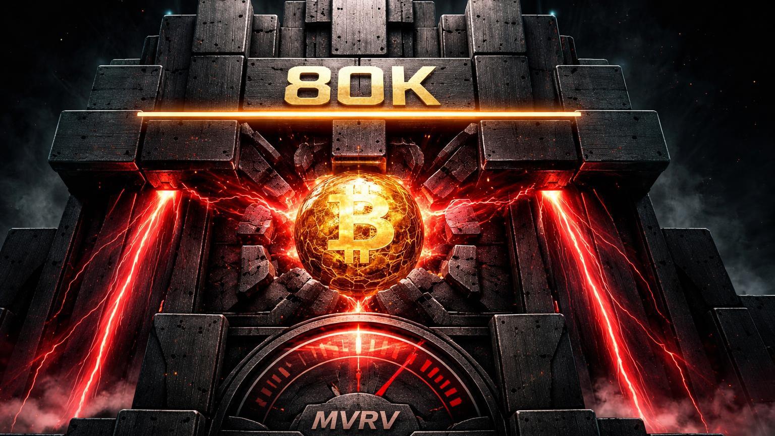 Estrutura brutalista com linha 80K acima de núcleo Bitcoin tensionado, fluxos vermelhos e gauge MVRV no vermelho sinalizando estresse em ETFs