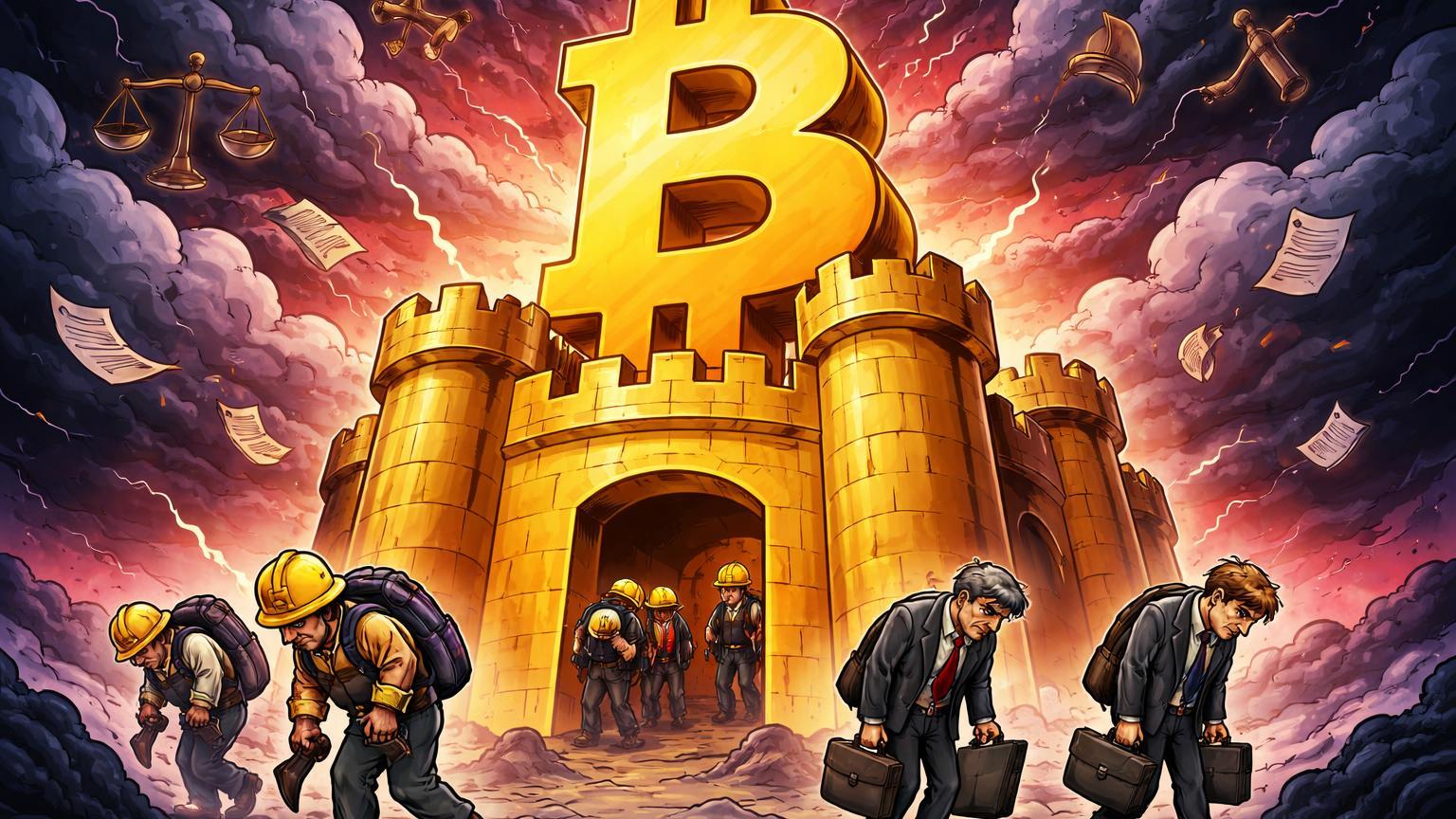 Fortaleza Bitcoin sitiada por nuvens FUD regulatórias com mineradores e investidores cartoon capitulando, ilustrando pressão de sanções e crimes no mercado cripto