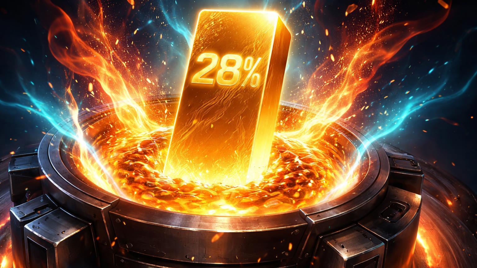 Cadinho purificando metal dourado com 28% gravado no lingote emergente, simbolizando desalavancagem de 28% fortalecendo o mercado Bitcoin