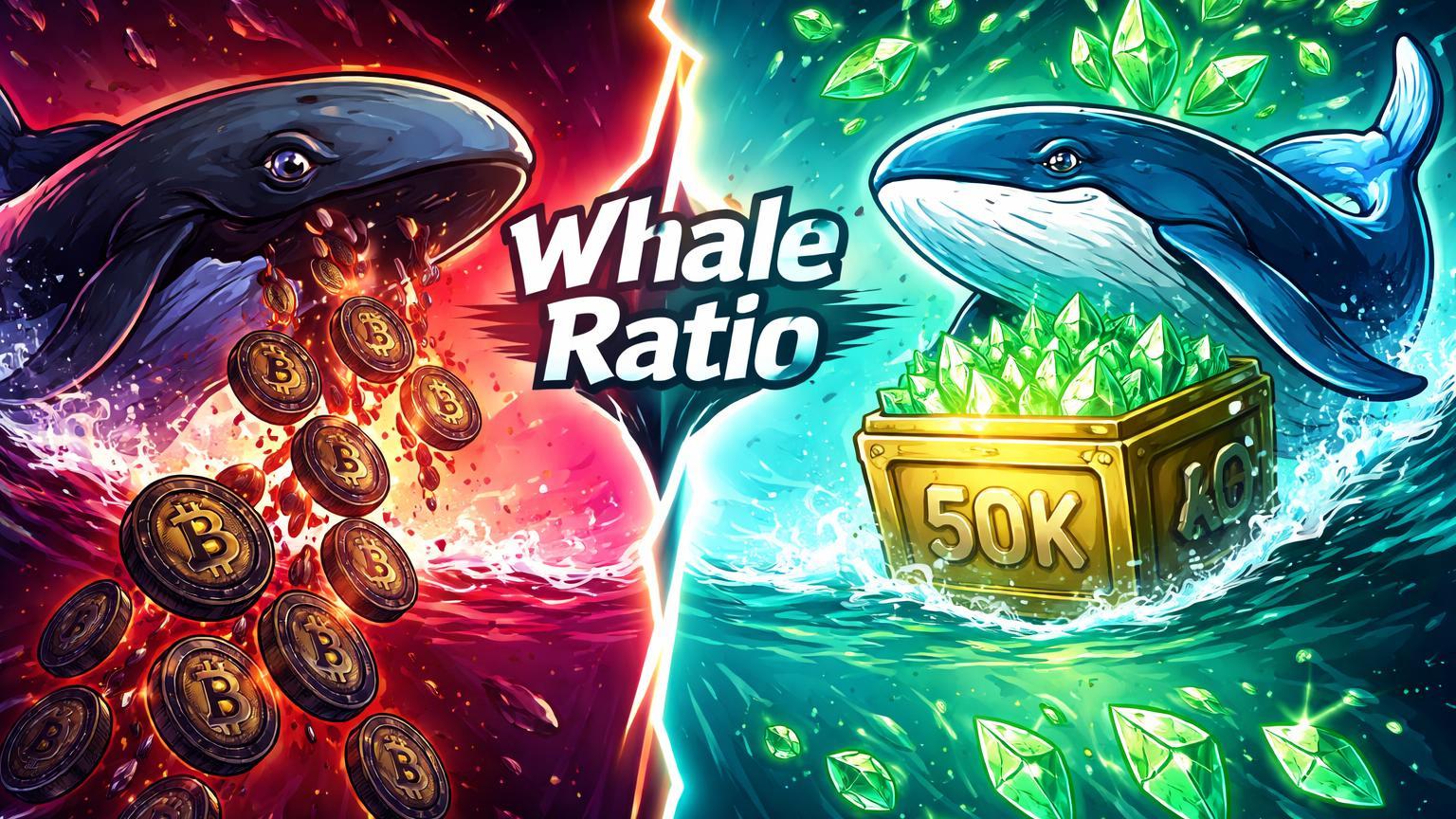 Baleias cartoon contrastantes: uma expelindo Bitcoin sob pressão de venda recorde, outra acumulando Solana para staking, ilustrando Whale Ratio on-chain