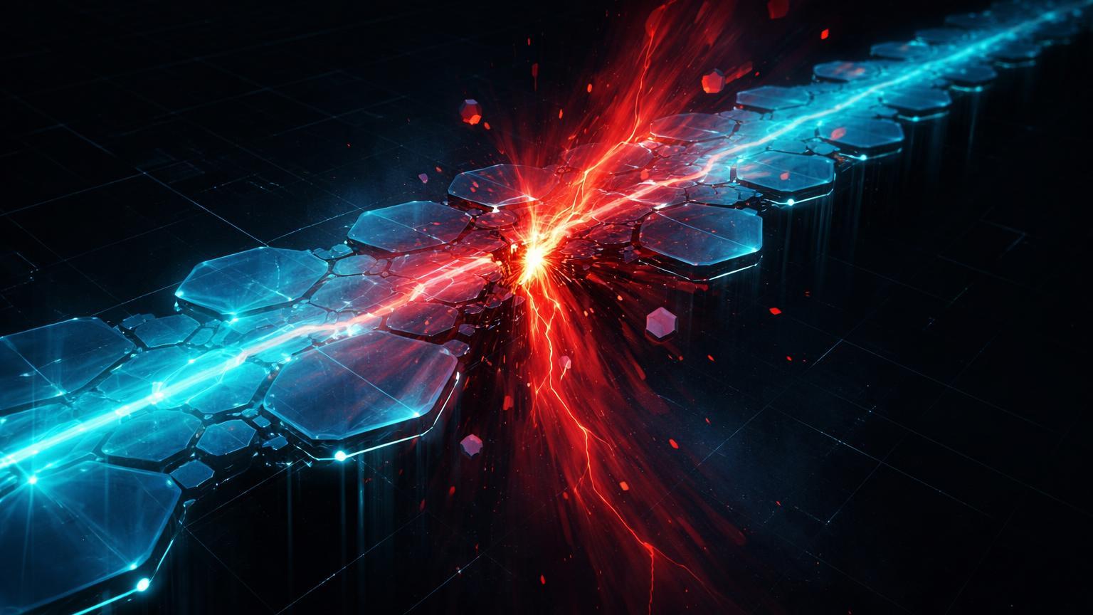 Ponte cross-chain digital hexagonal rachada com vazamento de energia vermelha, simbolizando hack na IoTeX por vazamento de chaves privadas