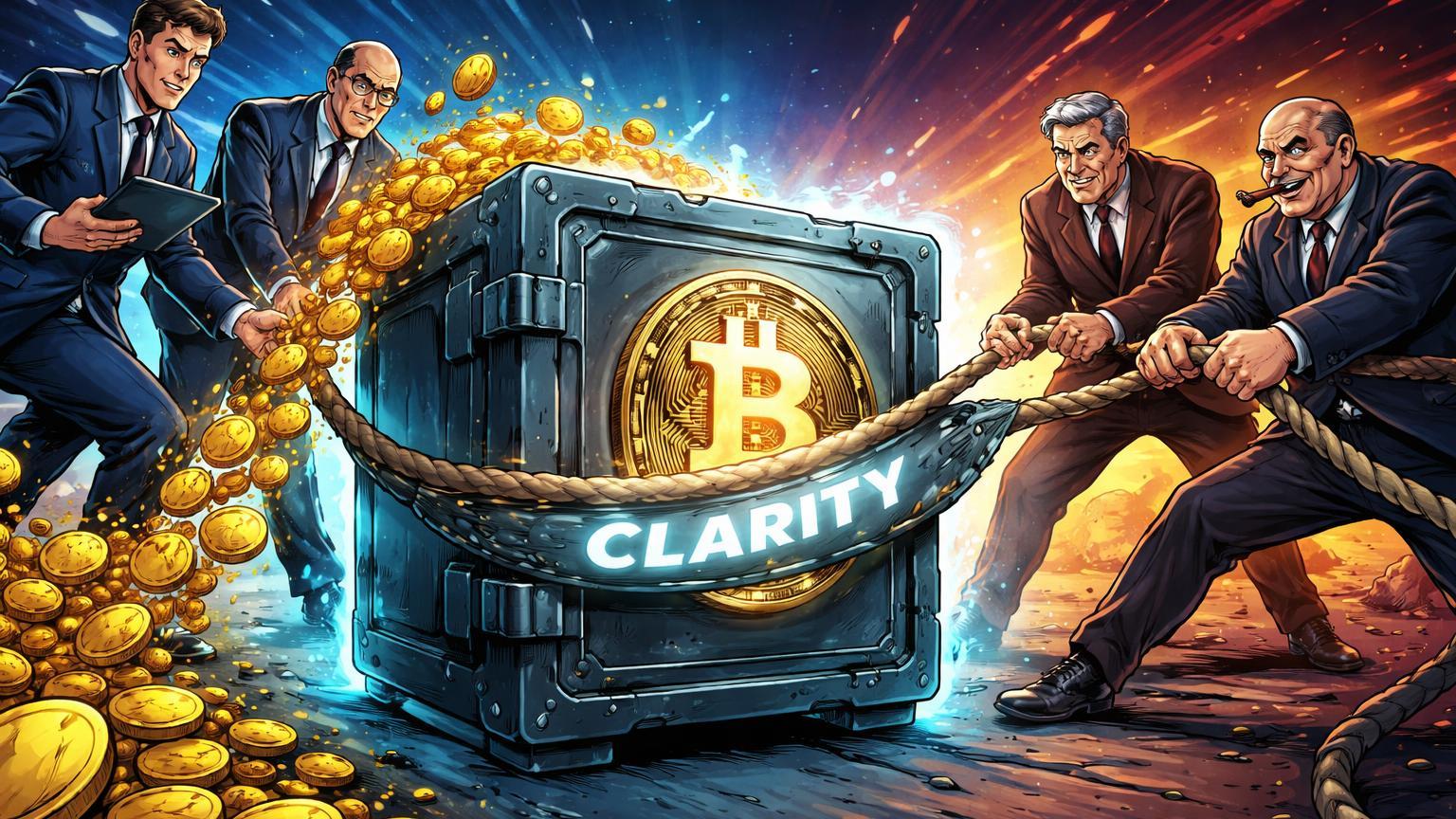 Executivos institucionais cartoon despejando ouro em cofre BTC enquanto lobistas bancários puxam corda regulatória CLARITY, simbolizando acumulação OTC vs. tensões nos EUA