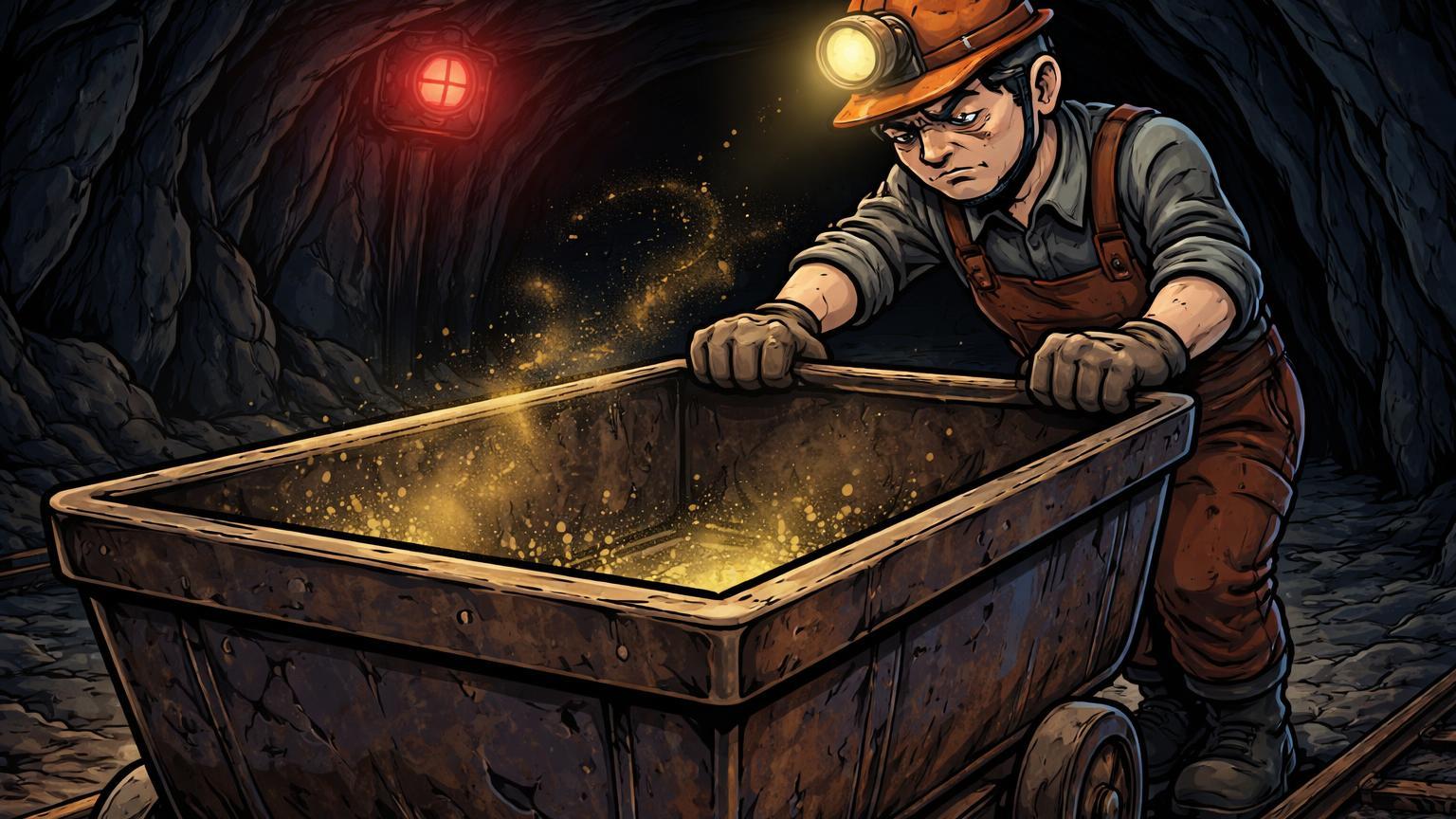 Minerador cartoon empurrando carrinho vazio de Bitcoin com poeira dourada dissipando, ilustrando capitulação das mineradoras como Bitdeer