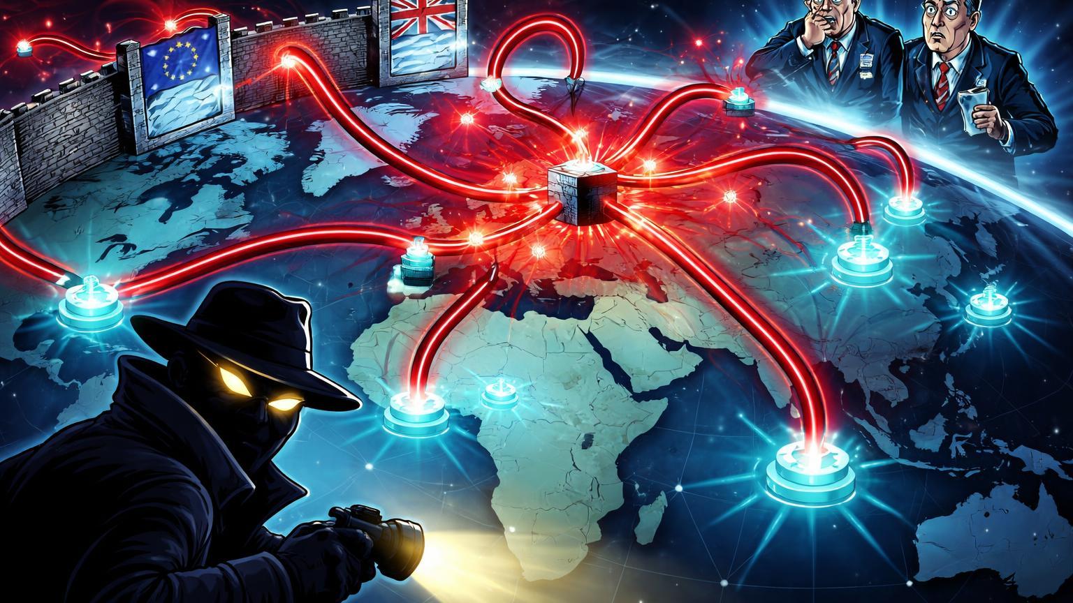 Mapa cartoon com linhas vermelhas evasivas da Rússia contornando muros de sanções para exchanges, personagens investigativos simbolizando rede sombra geopolítica