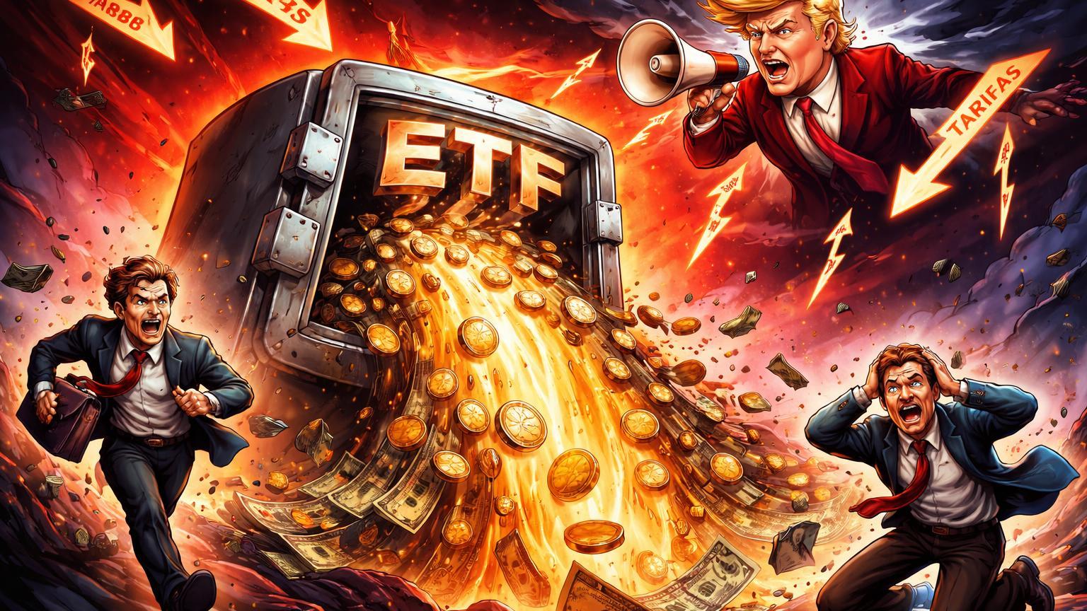 Cofre ETF cartoon derramando $38B em cascata vermelha, investidores em pânico fugindo sob figura Trump com tarifas, capturando saídas recordes e colapso de mercado
