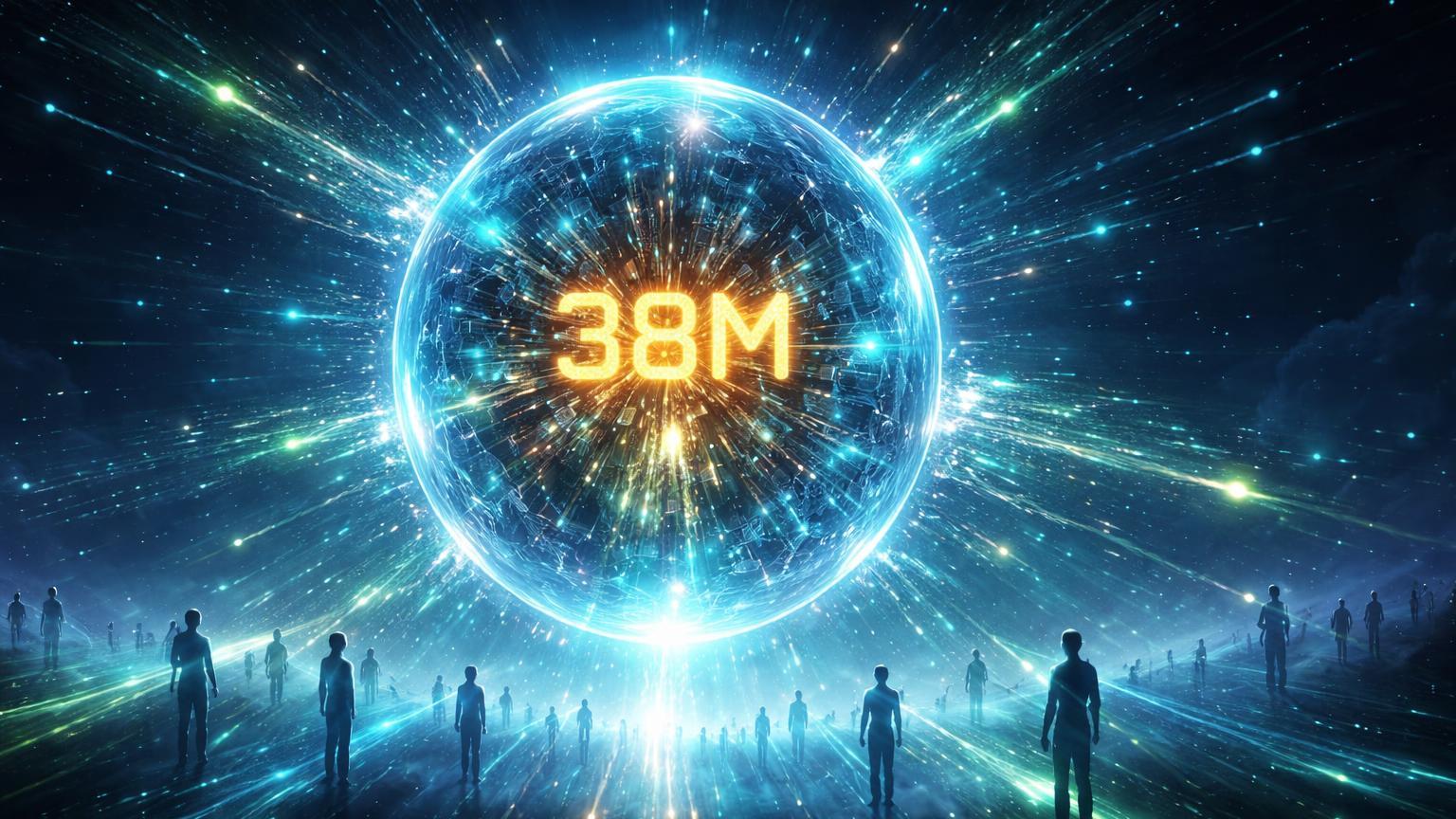 Esfera cristalina pulsante com 38M no núcleo, formada por partículas coletivas de luz, simbolizando recorde de transações em mercados de previsão DeFi
