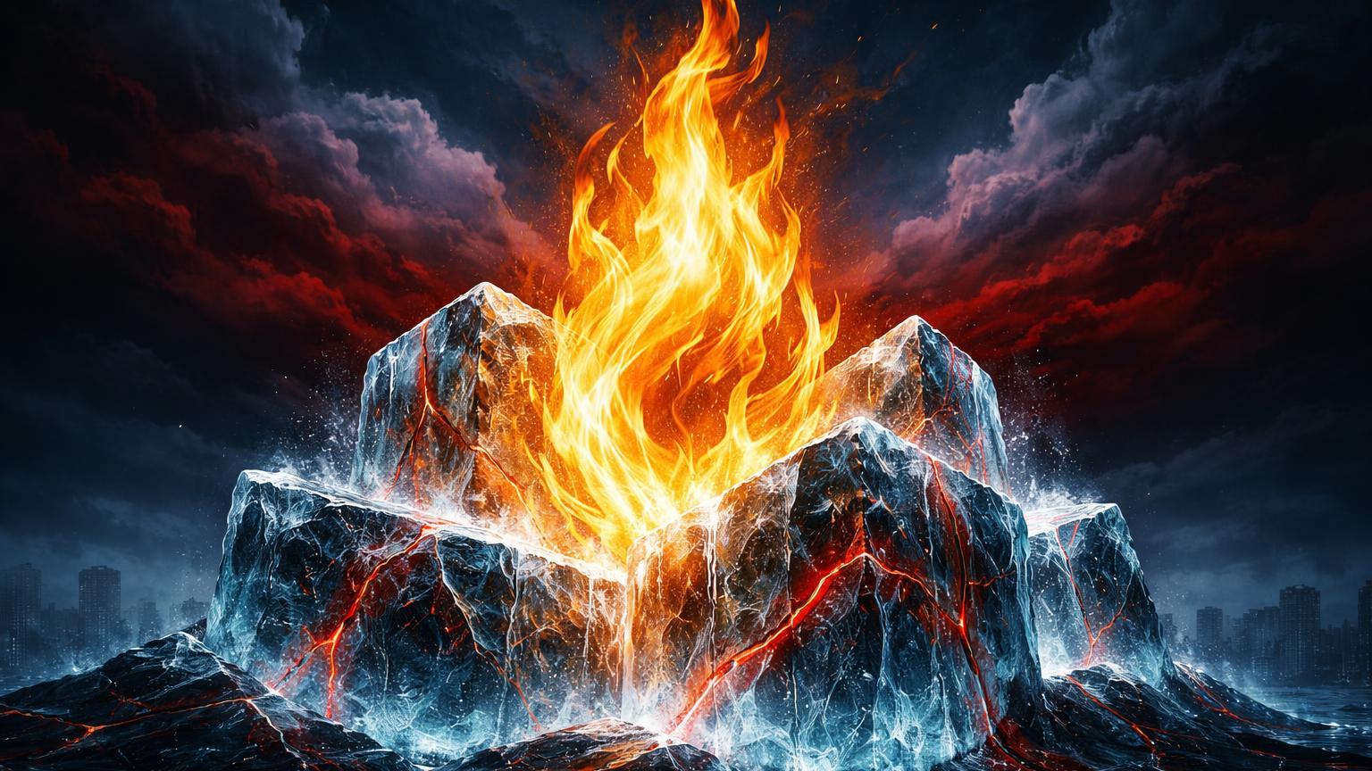 Chama dourada do Bitcoin congelada em gelo cristalino com veias vermelhas, simbolizando inflação persistente travando rali cripto pelo Fed