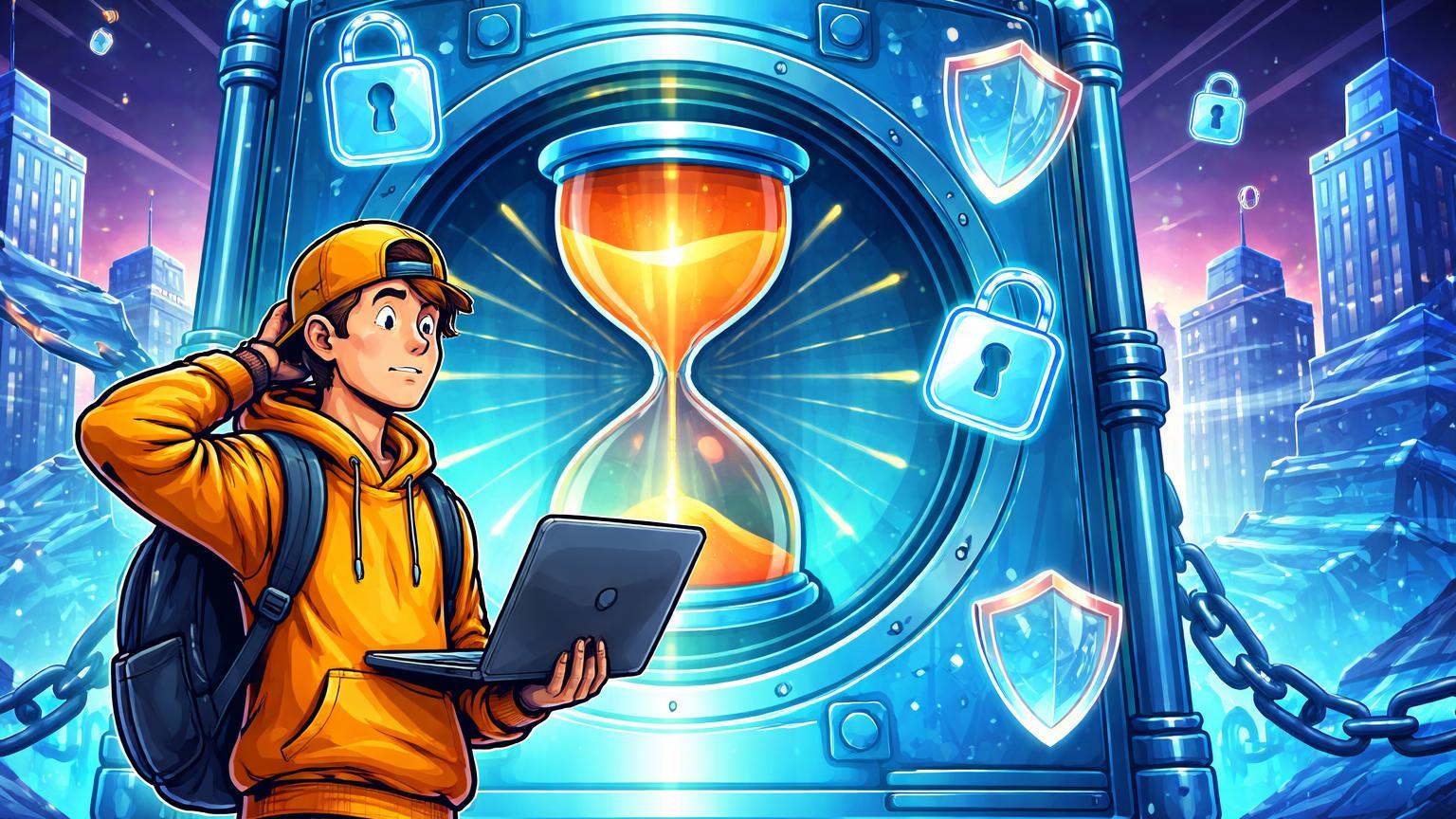 Trader cartoon impaciente diante de cofre digital com timer girando, simbolizando delays de segurança em bancos e exchanges contra fraudes no Brasil