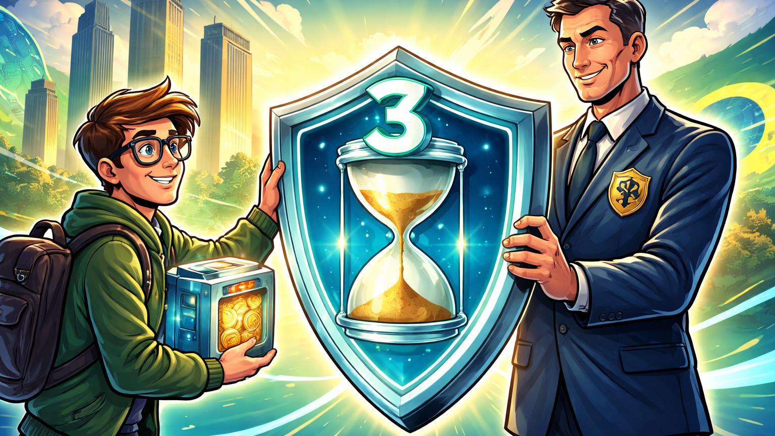 Investidor cartoon recebendo escudo com relógio de 3 anos de burocrata BCB, simbolizando prazo regulatório para corretoras cripto no Brasil