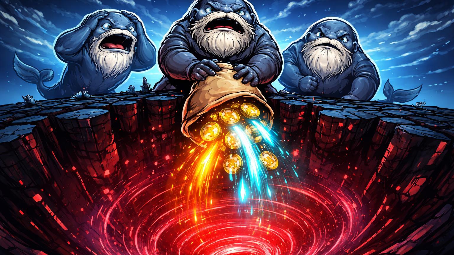 Baleias cartoon veteranas capitulando na beira de precipício digital, despejando energia dourada e cyan em vórtice vermelho, simbolizando venda em pânico de BTC abaixo de 65K