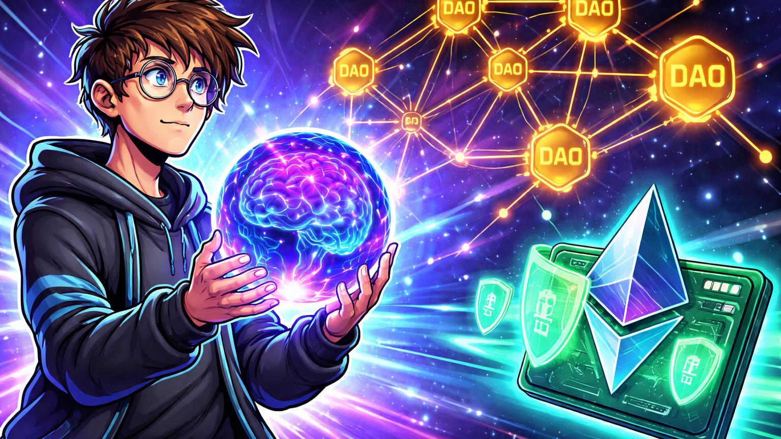 Personagem cartoon de Vitalik liberando orbe IA para rede de DAOs com wallet Ethereum simulando transações seguras