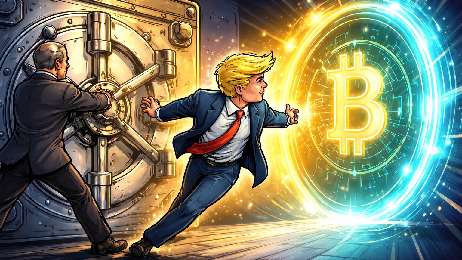Executivo bancário cartoon fechando cofre em figura política estilizada que acessa portal BTC luminoso, simbolizando debanking impulsionando adoção cripto