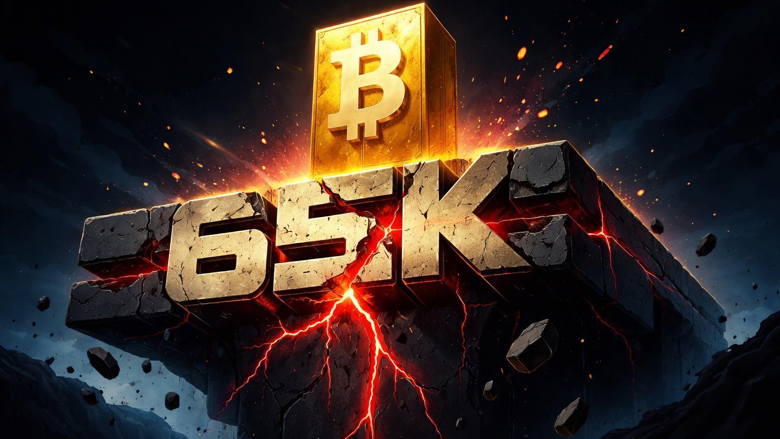 Plataforma de suporte bold rachando sob bloco dourado Bitcoin com 65K marcado, sinalizando suportes críticos em risco após queda