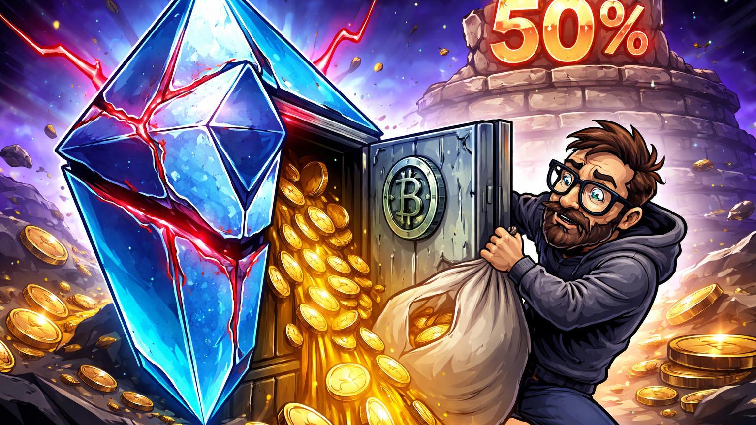 Figura cartoon estilizada retirando ETH de cofre Ethereum rachado com vazamento e placa 50% no staking, sinalizando riscos e pressão vendedora