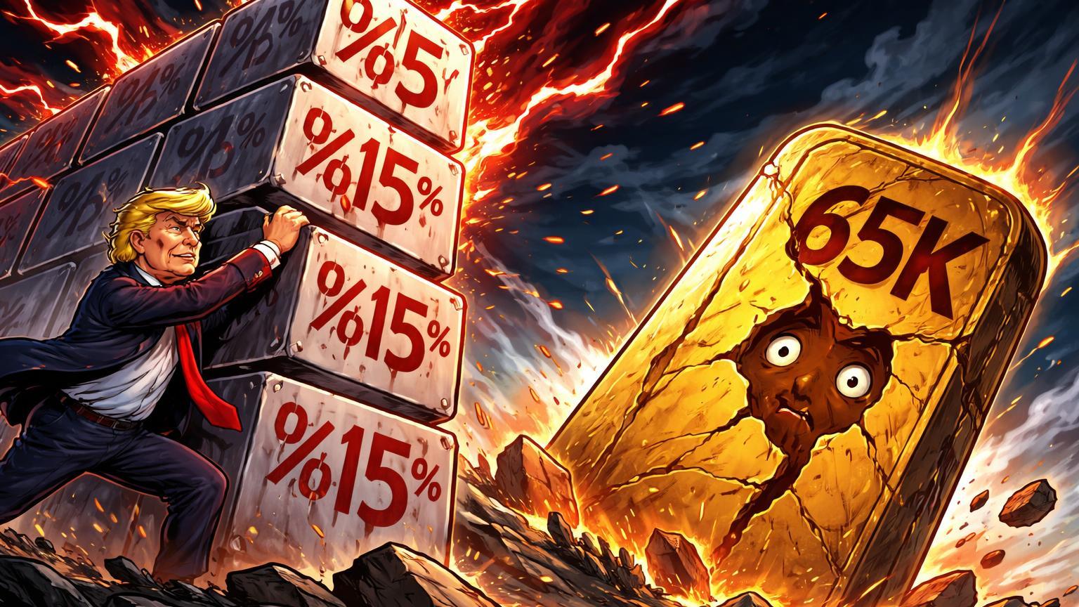 Trump cartoon erguendo muralha tarifária que derruba monolito Bitcoin rachado com 65K, simbolizando caos geopolítico e queda do preço