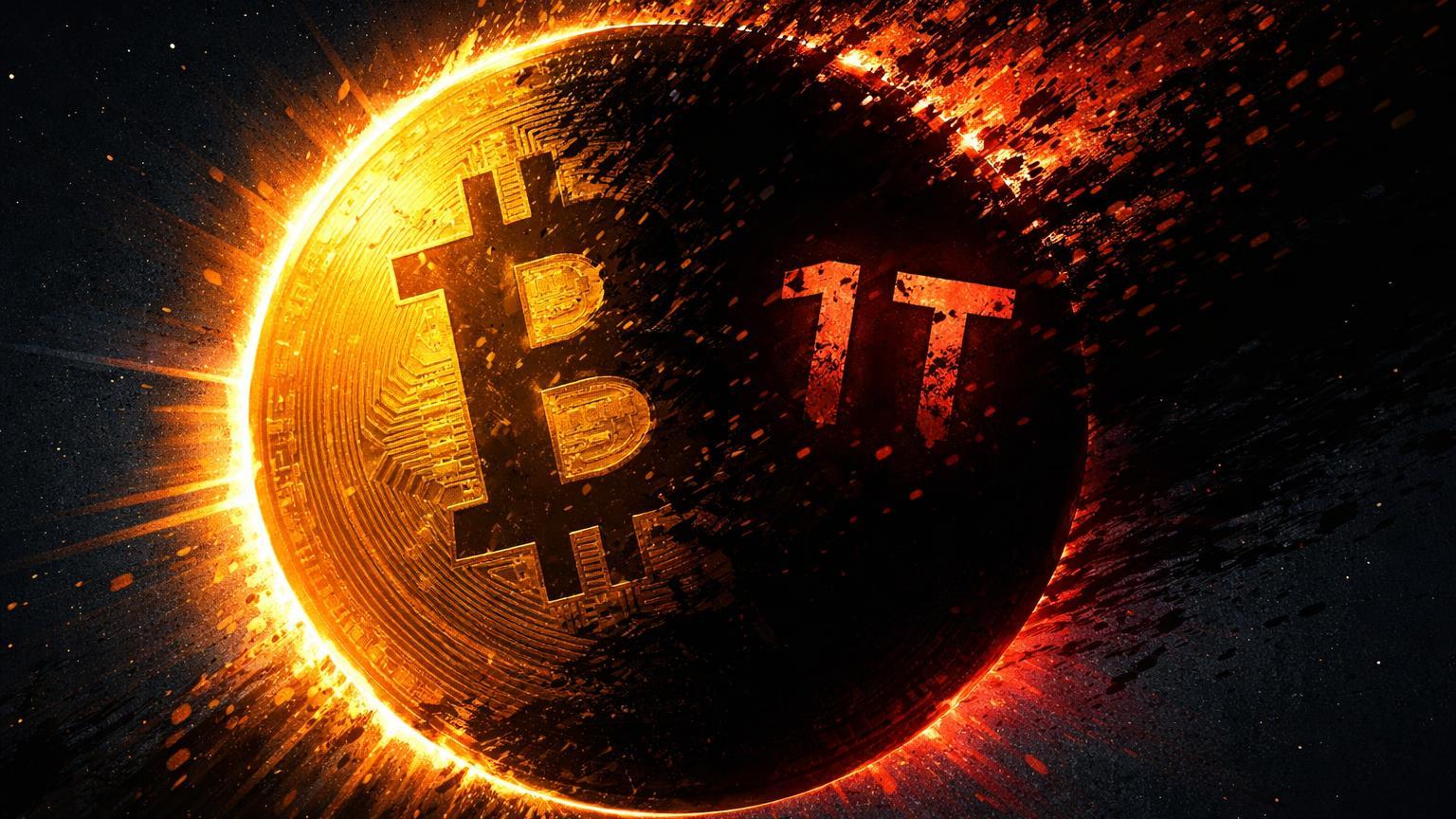Eclipse negro engolindo sol dourado do Bitcoin com '1T' fragmentado evaporando, simbolizando crise de fé e perda trilionária