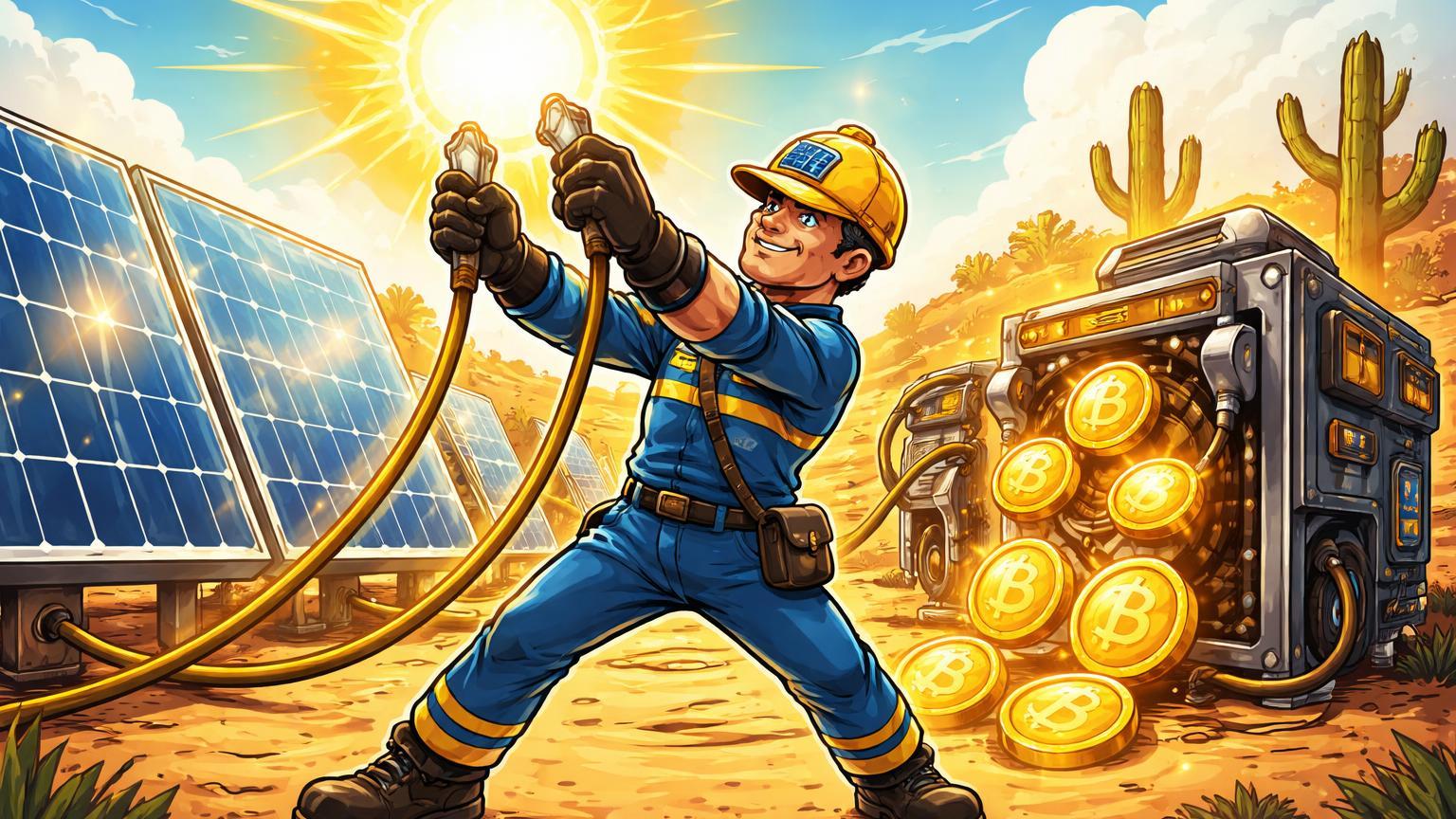 Engenheiro cartoon conectando painéis solares a mineradora Bitcoin sob sol nordestino, ilustrando iniciativa da Engie para minerar BTC com energia excedente no Brasil