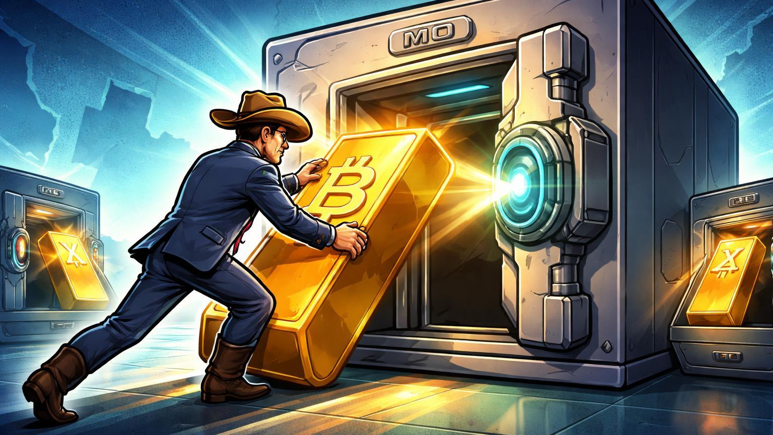 Legislador cartoon depositando lingote BTC em cofre estadual frio de Missouri, com TX e AZ ao fundo, simbolizando adoção governamental de Bitcoin