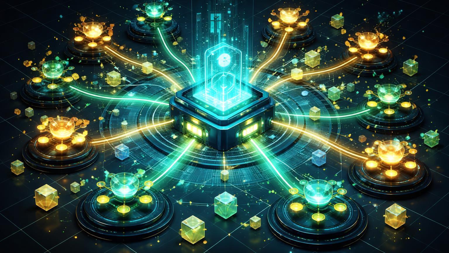 Estação isométrica futurista com console central e 13 agentes luminosos conectados a módulos de skills, ilustrando setup vencedor de Claude Code para programação