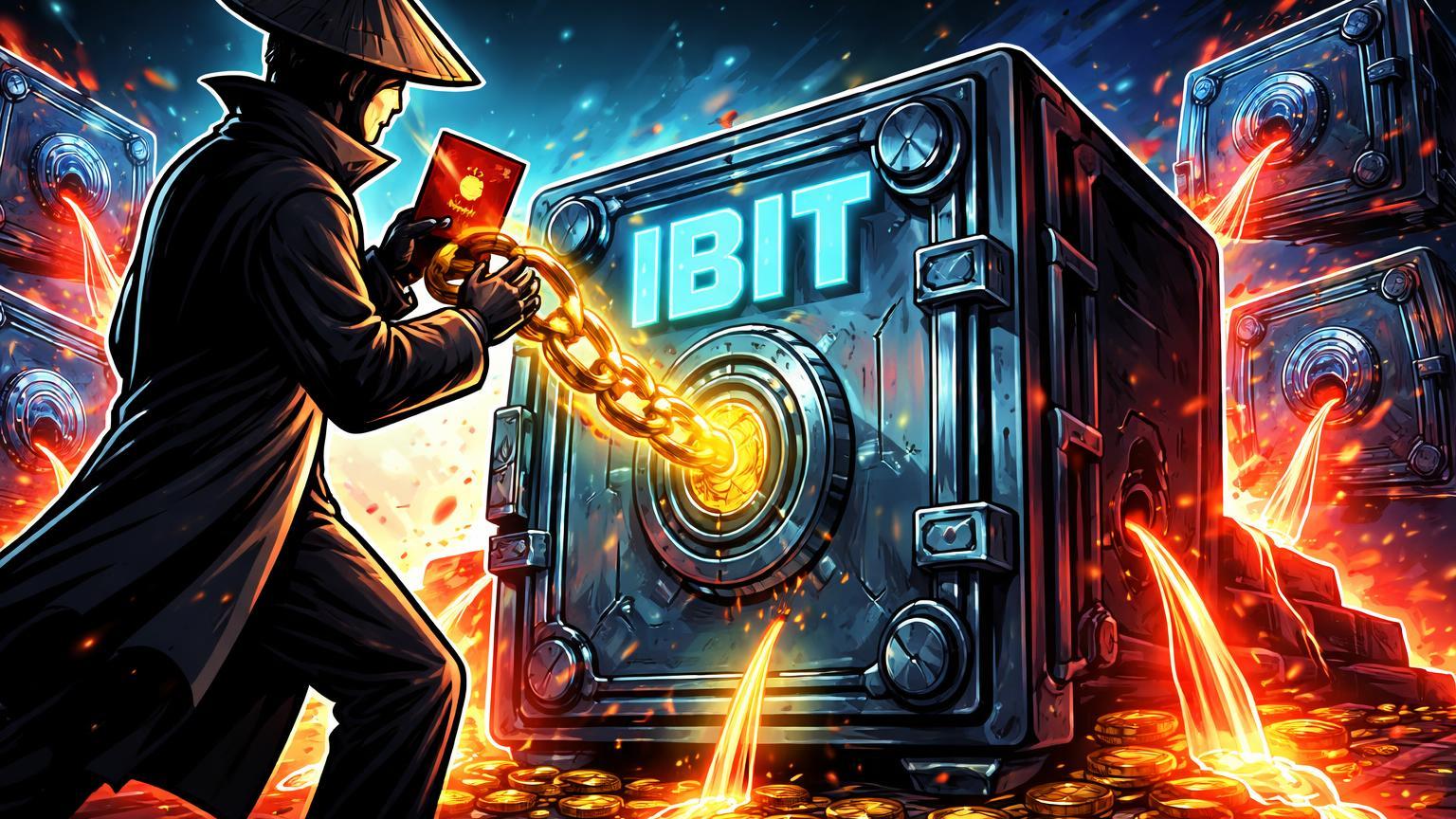 Figura misteriosa cartoon de Hong Kong injetando ouro em cofre ETF IBIT enquanto outflows vermelhos vazam de fundos cripto, simbolizando polêmica de investidor chinês