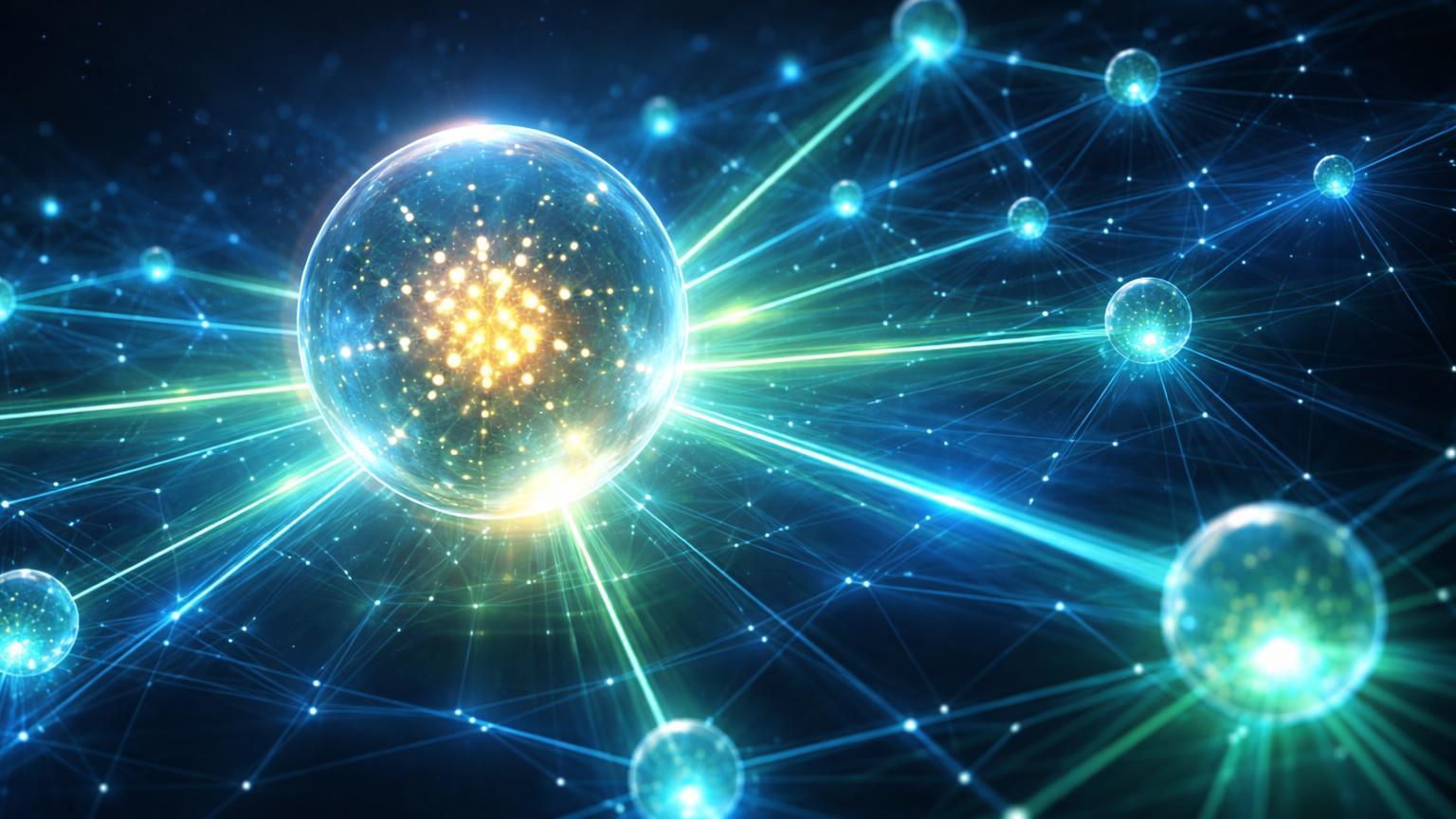 Esfera cristalina central emitindo feixes cyan para cluster de nós translúcidos, simbolizando integração Cardano-LayerZero e interoperabilidade omnichain