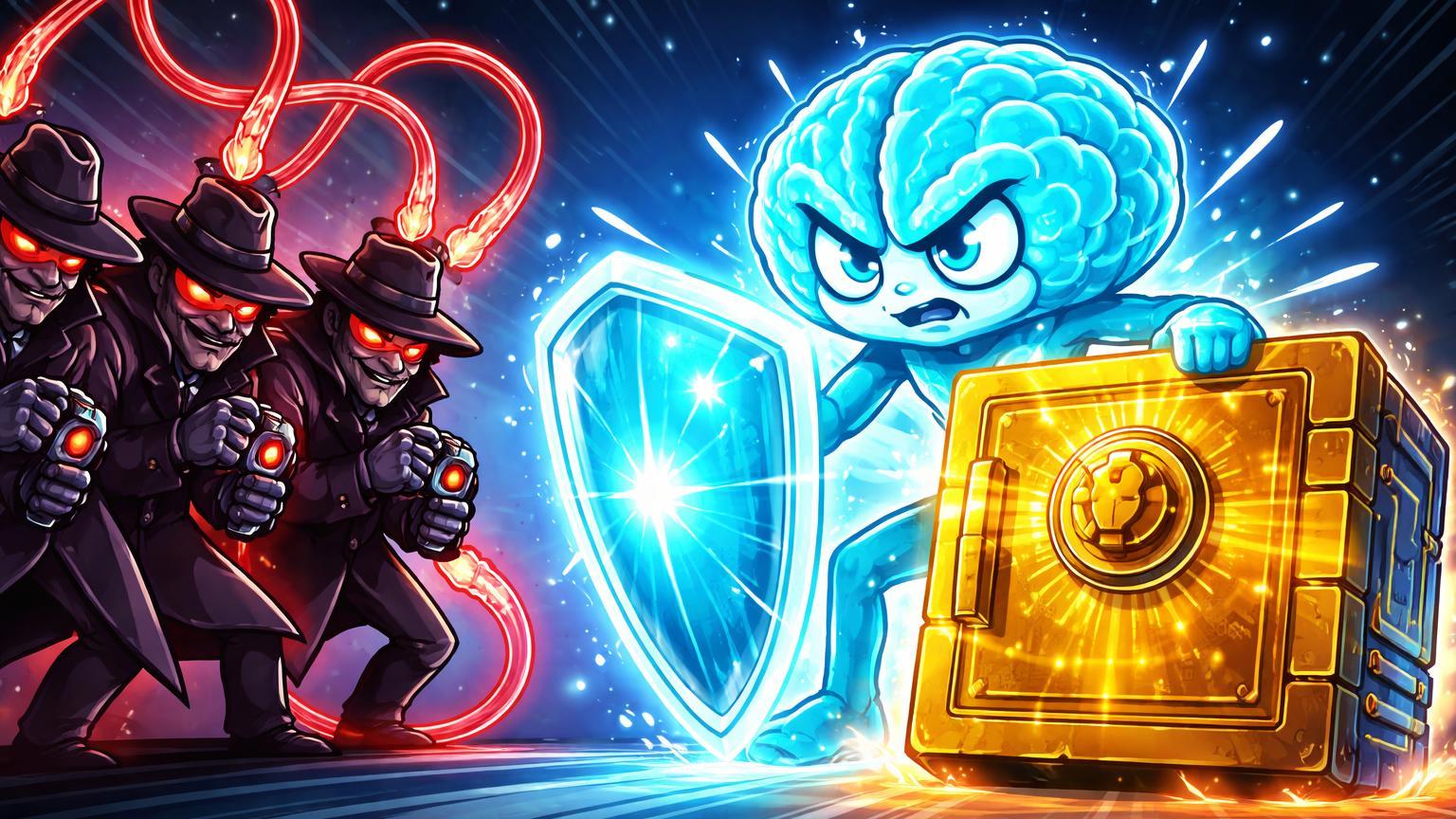 Personagens cartoon de espiões rivais sugando essência de cofre de IA Claude defendido por escudo, denunciando ataque industrial chinês