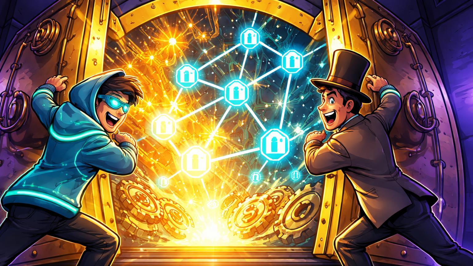 Personagens cartoon de trader crypto e banqueiro tradicional abrindo cofre bancário para rede blockchain luminosa, simbolizando aprovações para exchanges virarem bancos nos EUA