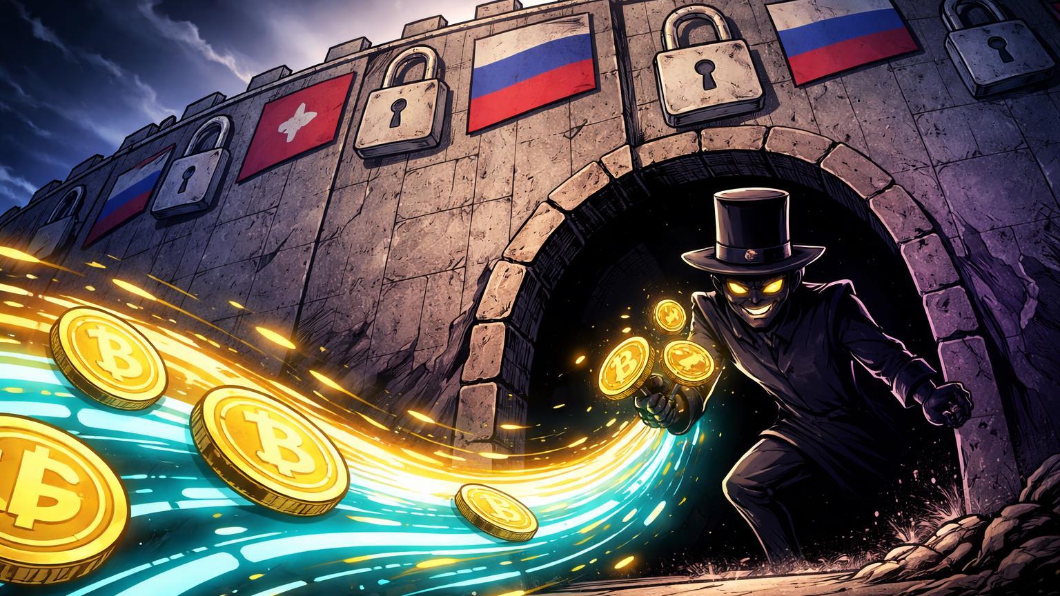 Personagem exchange sombra cartoon emergindo de túnel sob muralha de sanções com fluxo cripto jorrando, ilustrando burla russa a restrições ocidentais