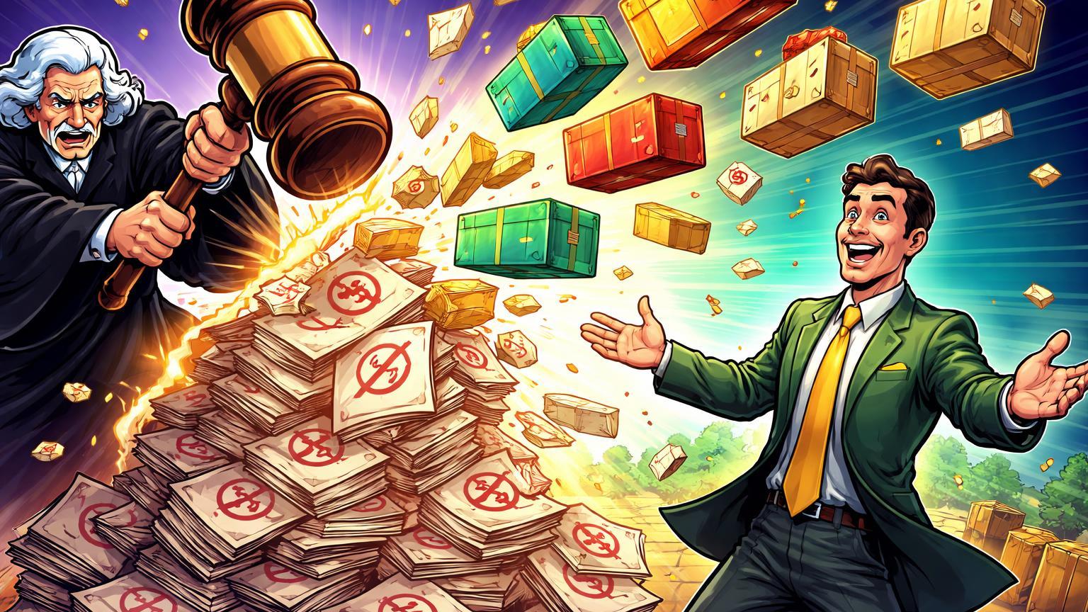 Juiz cartoon derrubando pilha de tarifas com martelo, liberando exportações para empresário brasileiro sorridente, simbolizando ganho de US$ 21,6 bi após decisão da Suprema Corte