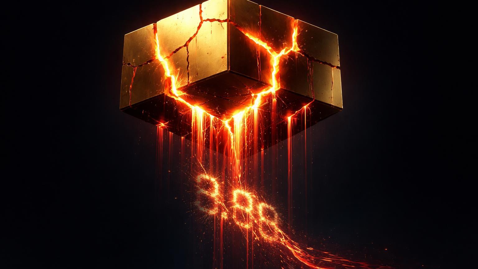 Estrutura hexagonal dourada rachada vazando fluido vermelho-dourado com '3.8B' no fluxo, simbolizando saídas recordes de ETFs de Bitcoin