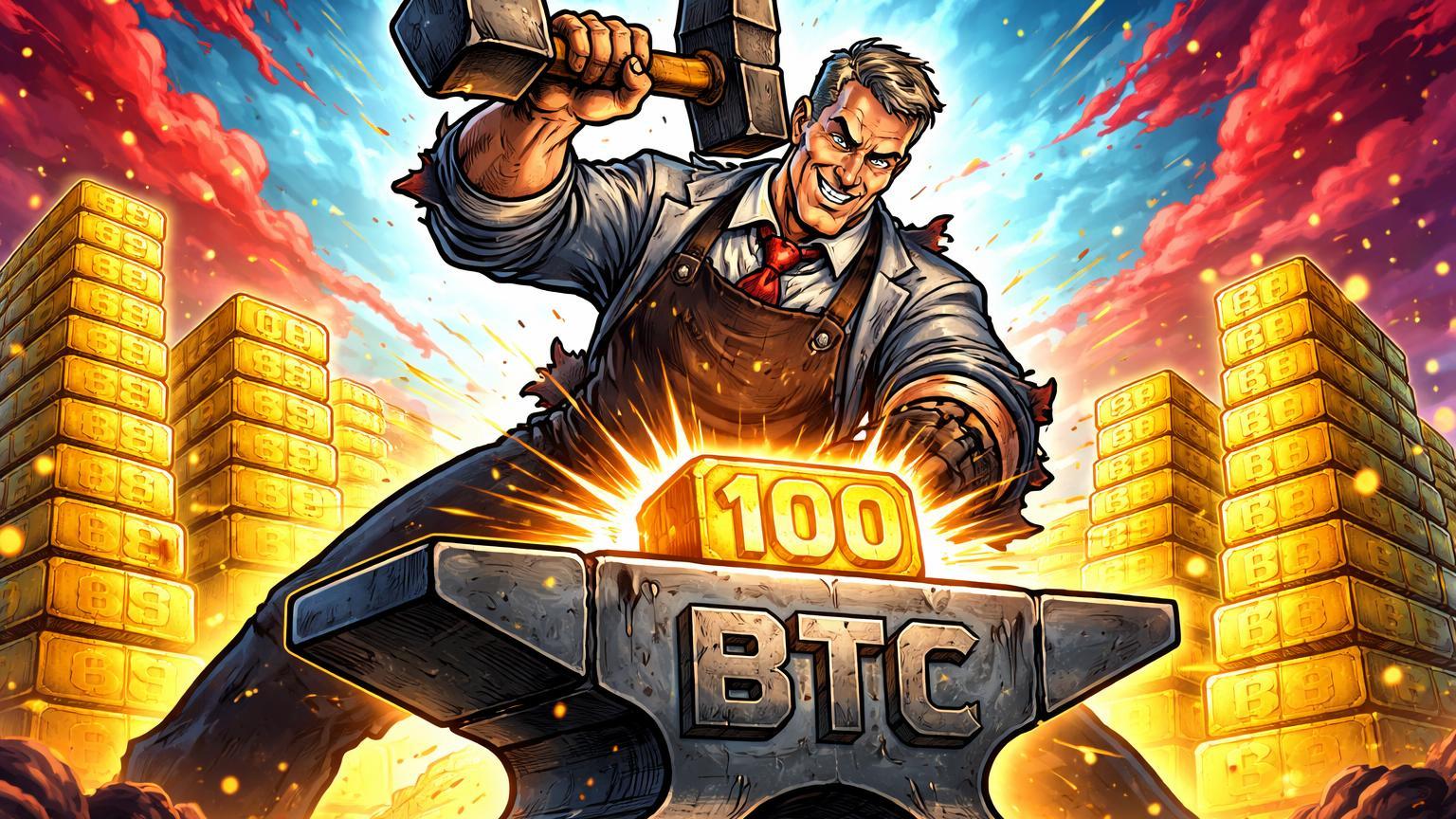 Ferreiro cartoon martelando o 100º bloco BTC em bigorna de aço, ignorando nuvens de perdas, celebrando estratégia resiliente de Saylor