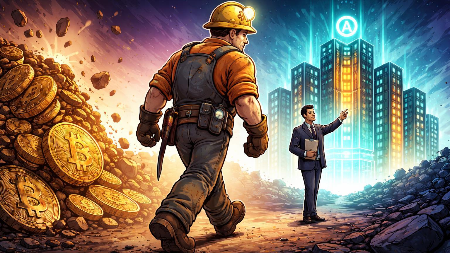 Minerador cartoon virando as costas para pilha vazia de Bitcoin e caminhando para data center IA, simbolizando capitulação da Bitdeer no mining