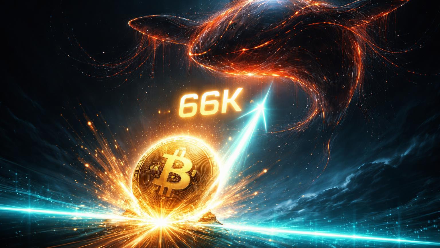 Esfera Bitcoin dourada rebota de suporte cyan sob silhueta de baleia colossal pressionando, com 66K holográfico, simbolizando recuperação e pressão de reservas na Binance