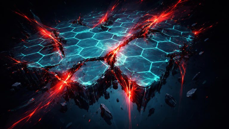 Rede hexagonal DeFi translucida com rachaduras vermelhas vazando energia, simbolizando fraudes bilionárias e crise de confiança