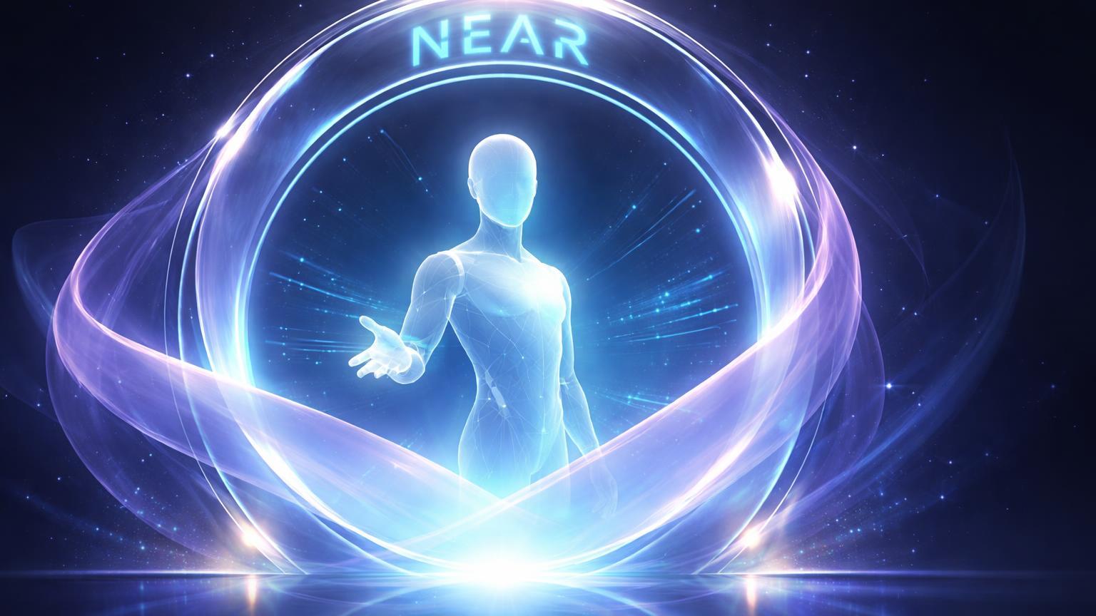 Portal glassmorphism com agente IA silhueta e véu de privacidade translúcido, simbolizando super app Near.com com IA e transações confidenciais