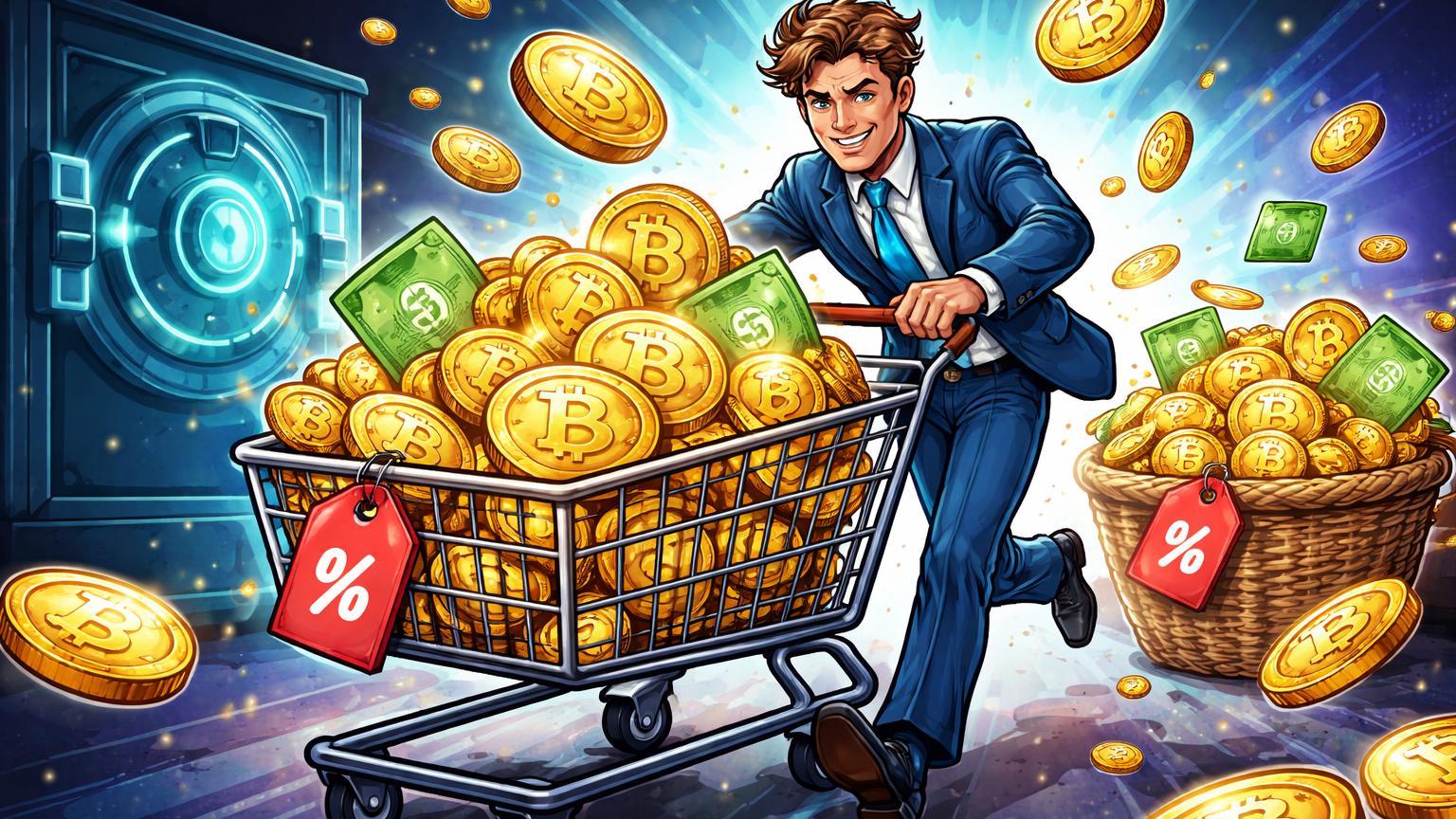 Investidor cartoon enchendo carrinho com tesouros Bitcoin dourados de cesta de barganhas, simbolizando recompra agressiva de ações ProCap por Pompliano