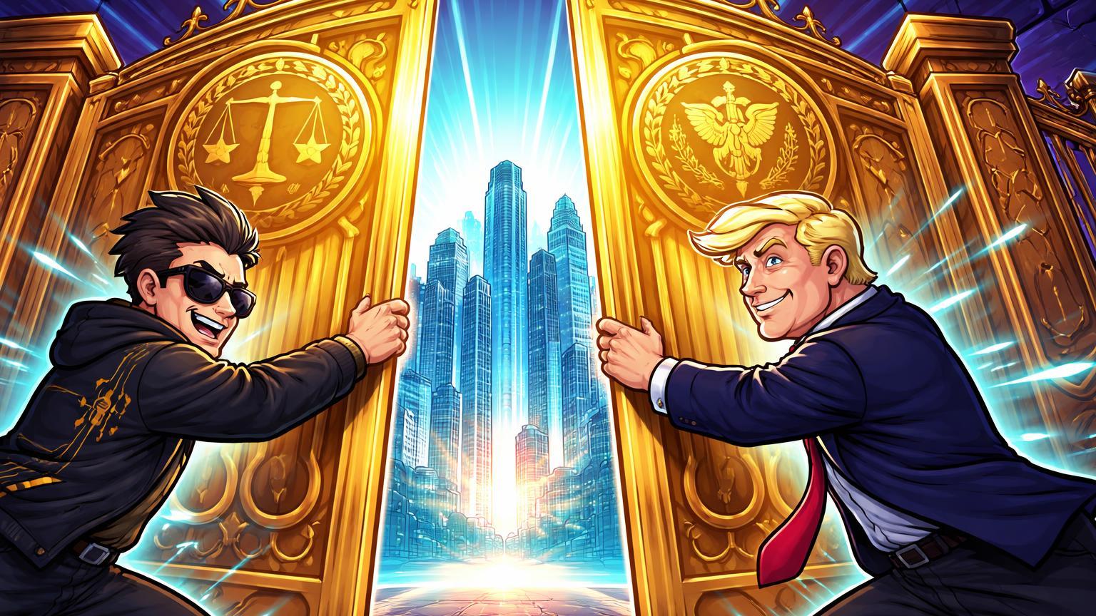 Executivos cartoon estilizados abrindo portões dourados para horizonte bancário-digital, simbolizando expansão da Binance.US com apoio regulatório Trump