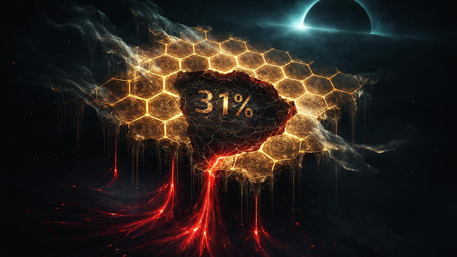 Rede cristalina dourada do Bitcoin dissolvendo em fantasmas com 31% vazio e fluxos vermelhos saindo, simbolizando queda de usuários ativos e saídas de ETFs