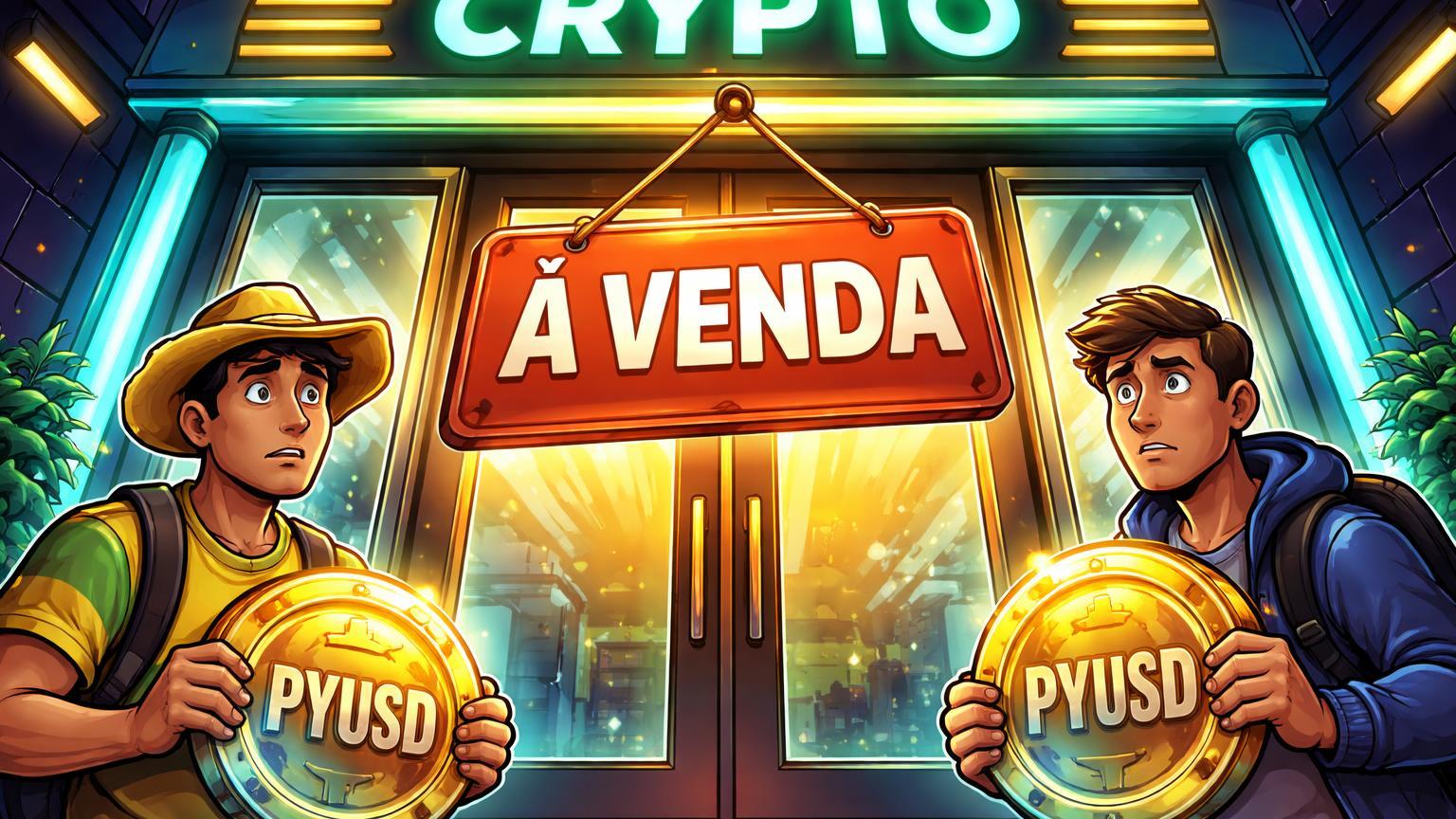 Personagens cartoon diante de fachada digital com placa 'À Venda', segurando moedas PYUSD, ilustrando incerteza na possível venda da PayPal para usuários cripto