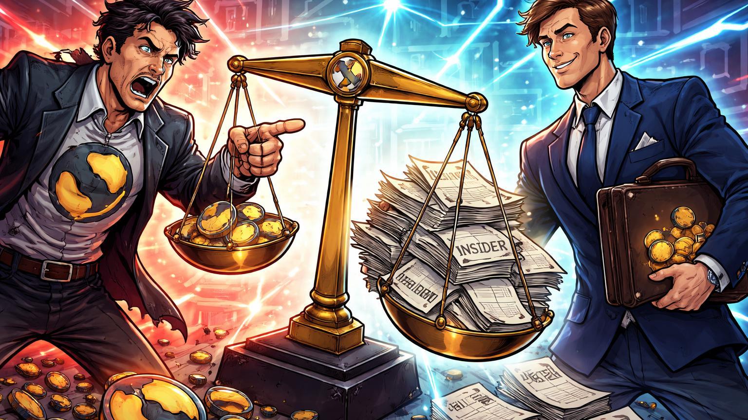 Personagens cartoon em confronto: líder cripto acusa trader institucional de insider trading no colapso Terra-Luna, com balança regulatória
