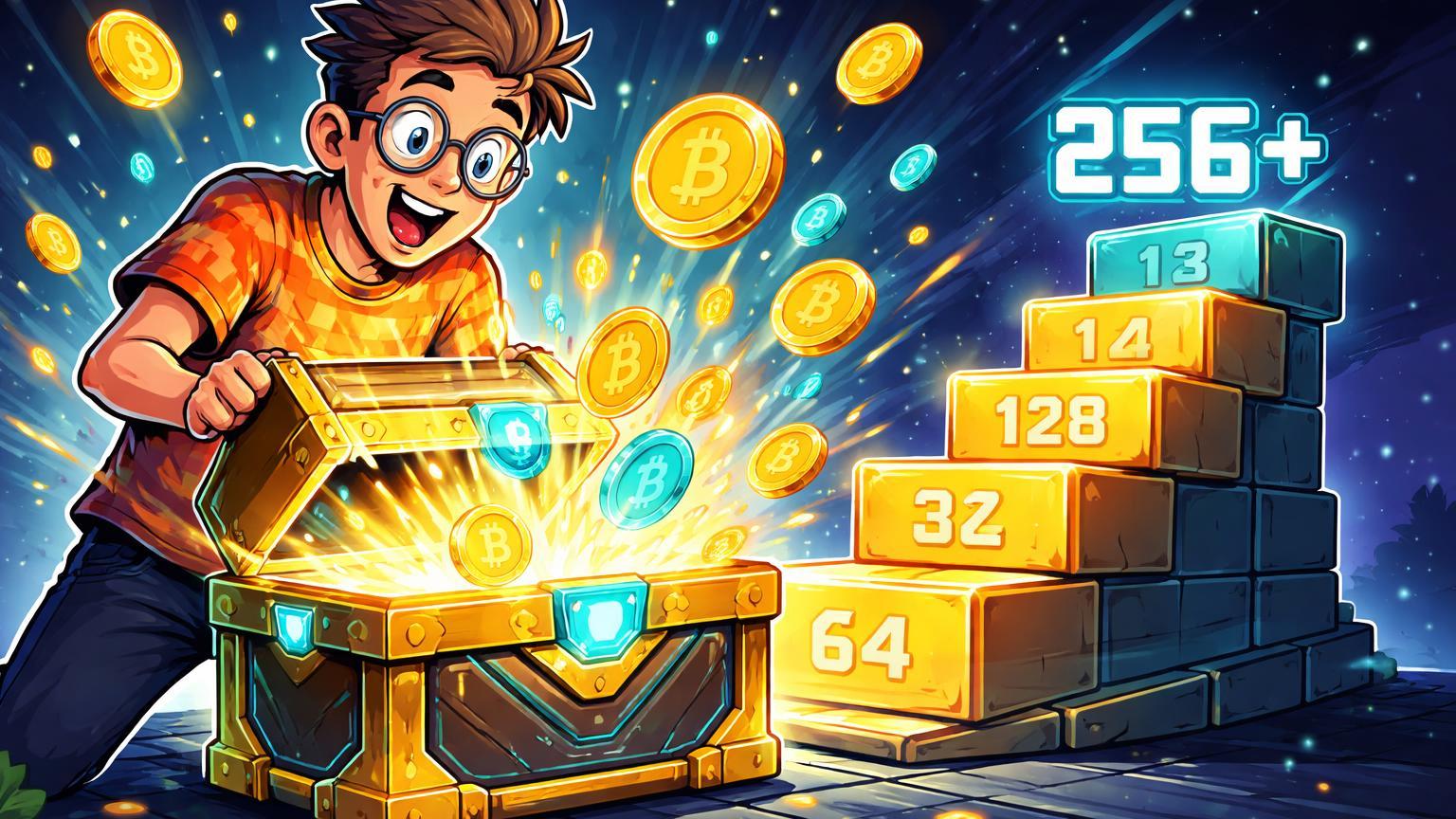 Personagem cartoon iniciante abrindo baú dourado de airdrop com escada de pontos 256+, guiando reivindicação de tokens grátis na Binance Alpha