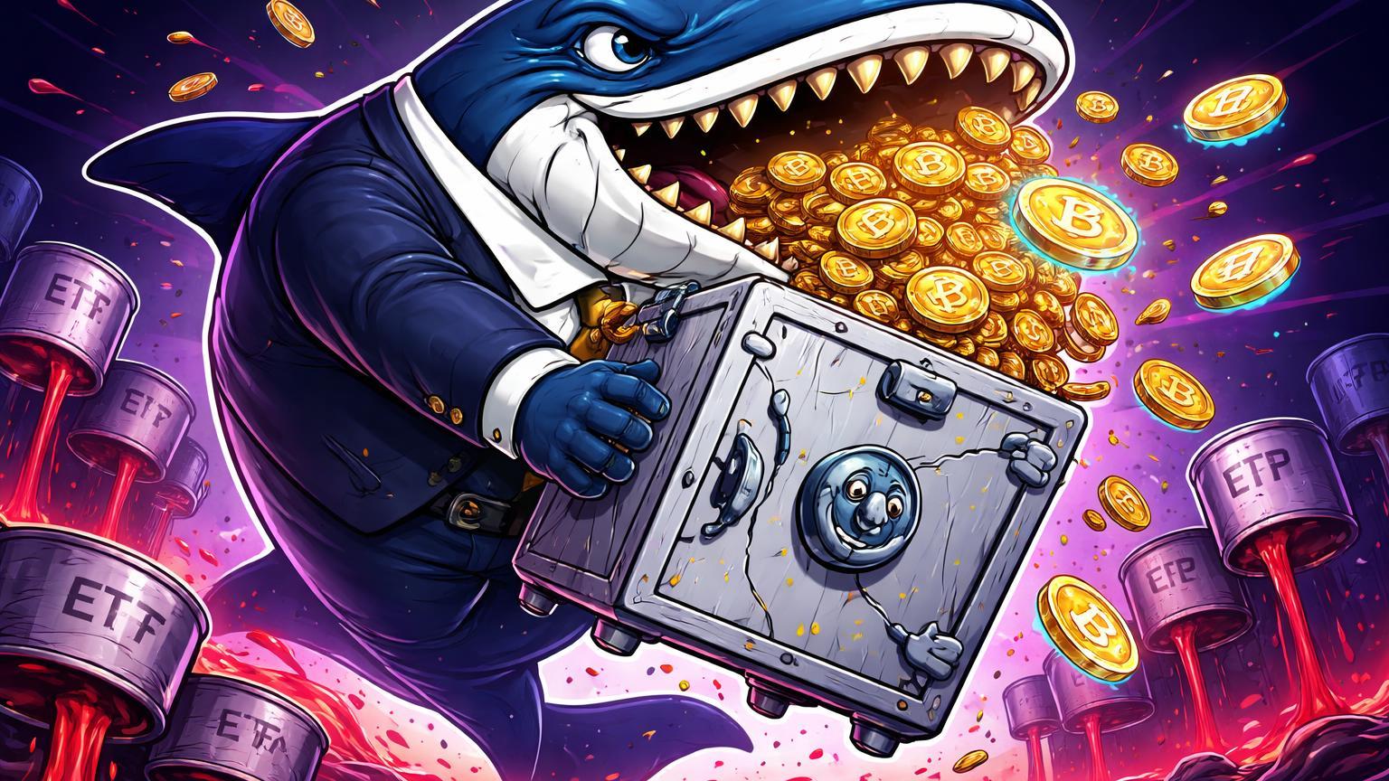 Baleia corporativa cartoon sacudindo cofre Coinbase com moedas BTC e ETH caindo, enquanto barris de ETFs vazam vermelho, simbolizando outflows institucionais