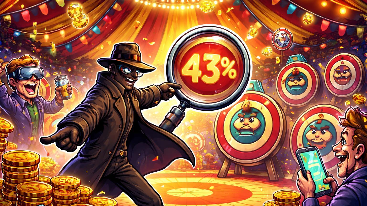 Investigador cartoon em circo cripto expondo alvos de insider trading com apostadores jogando fichas '3M' e '43%' em destaque, ilustrando especulação no Polymarket